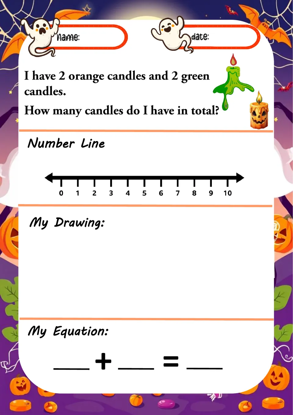 Halloween addition worksheet 6: add 2 orange candles and 2 green candles, then draw and write an equation.