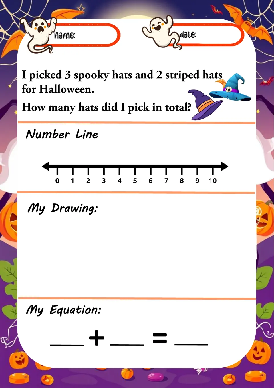 Halloween addition worksheet 7: add 3 spooky hats and 2 striped hats, then draw and write an equation.