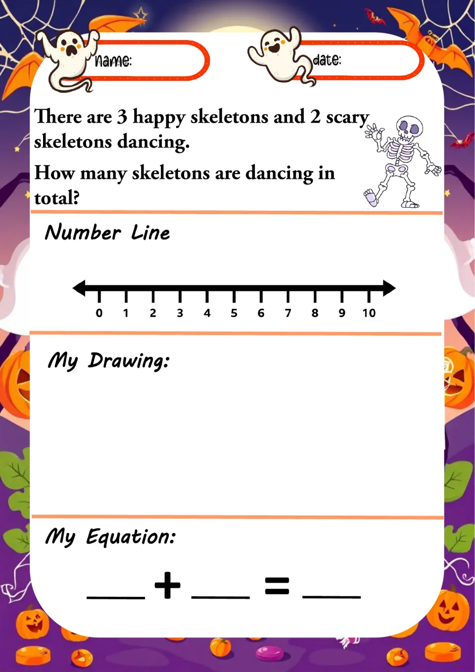 Halloween addition worksheet 9: add 3 happy skeletons and 2 scary skeletons, then draw and write an equation.