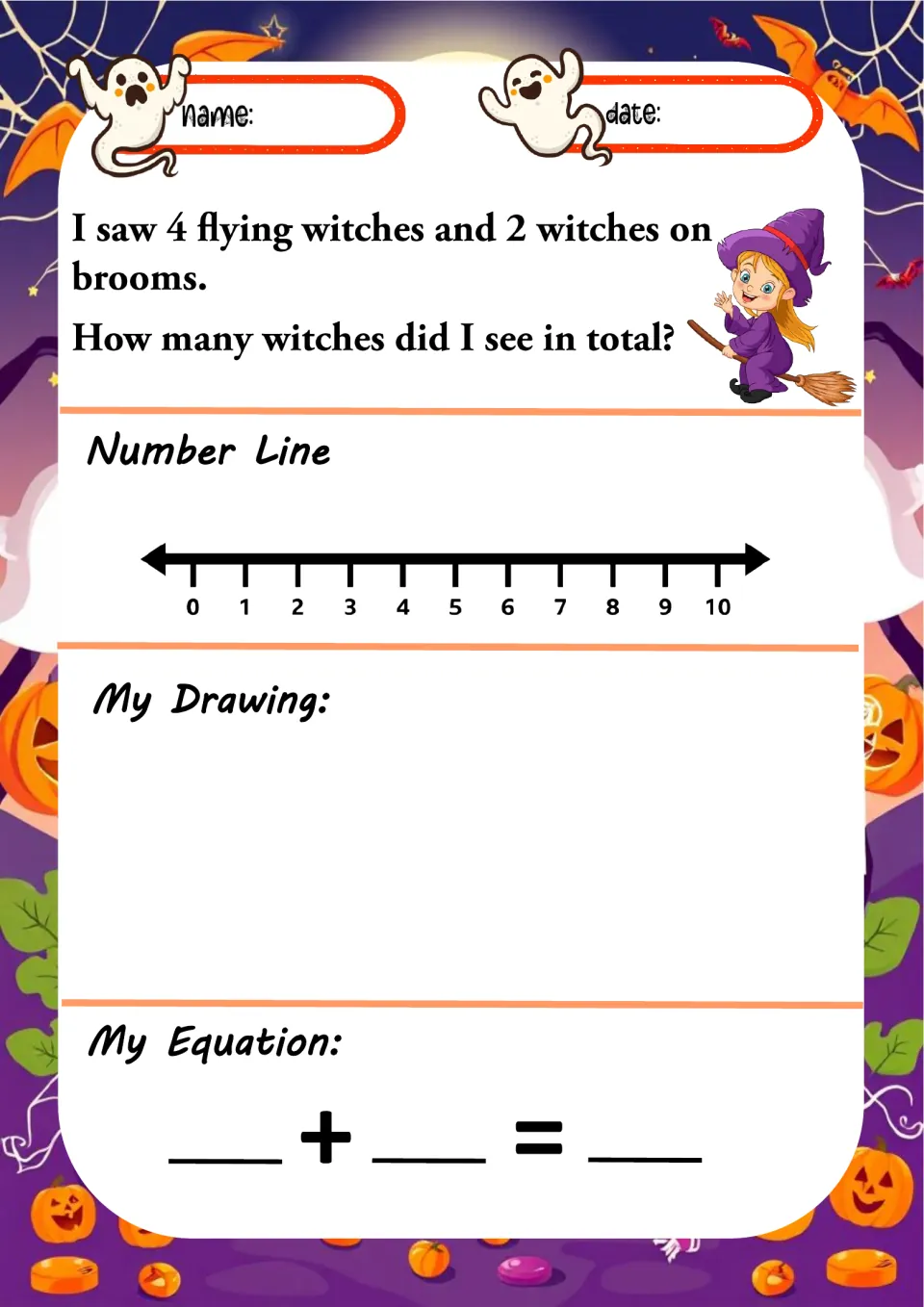 Halloween addition worksheet 10: find the total of 4 flying witches and 2 witches on brooms.