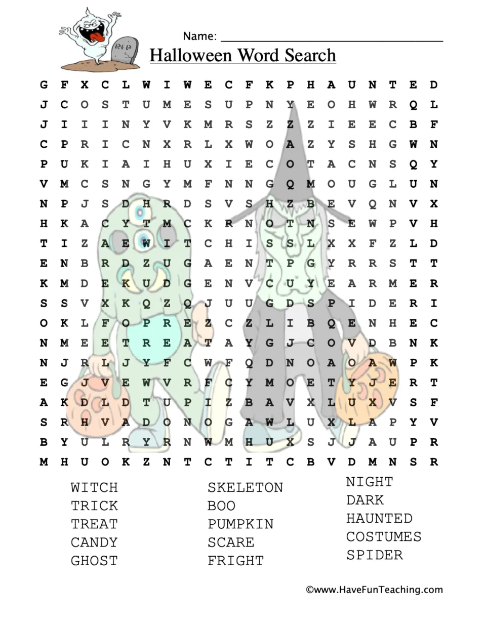Halloween word search: students find 15 words such as witch, pumpkin, skeleton, haunted and costumes hidden in the puzzle