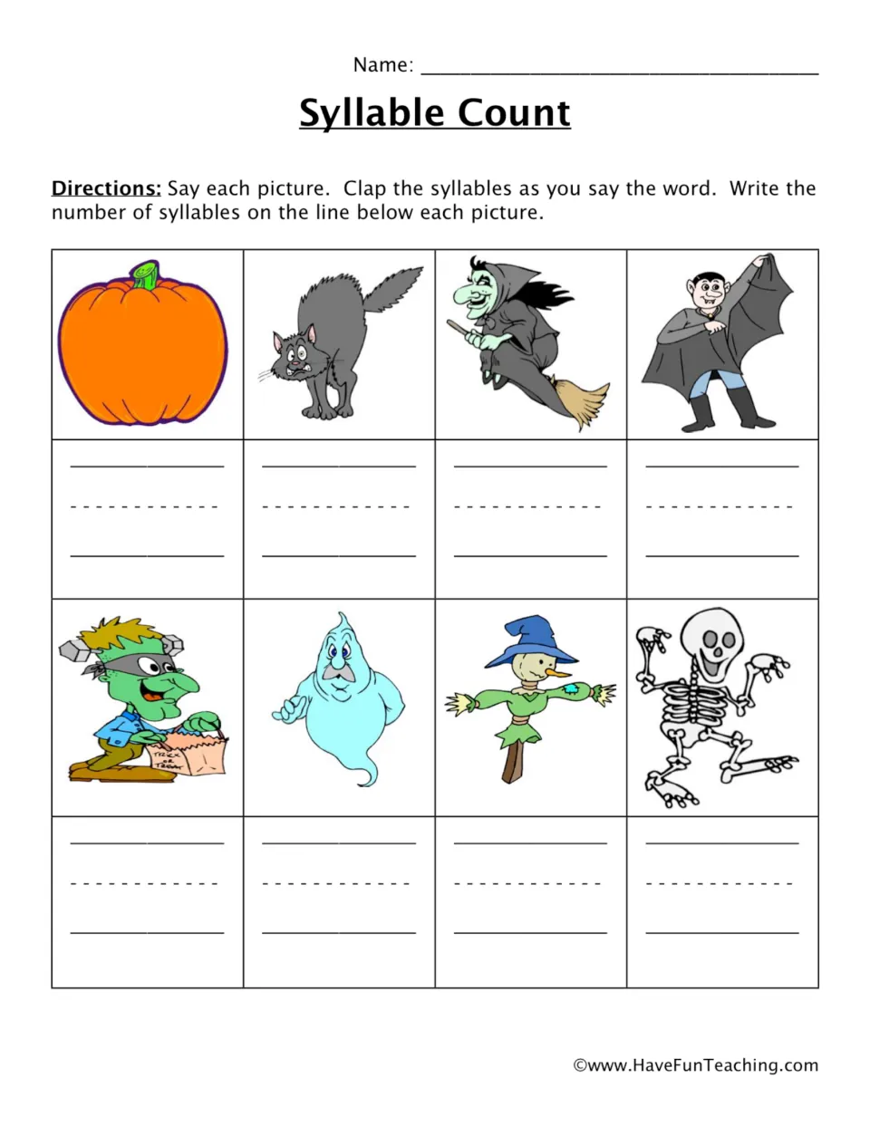 Halloween syllable practice: say and clap eight picture names, including pumpkin, cat, witch, and vampire.