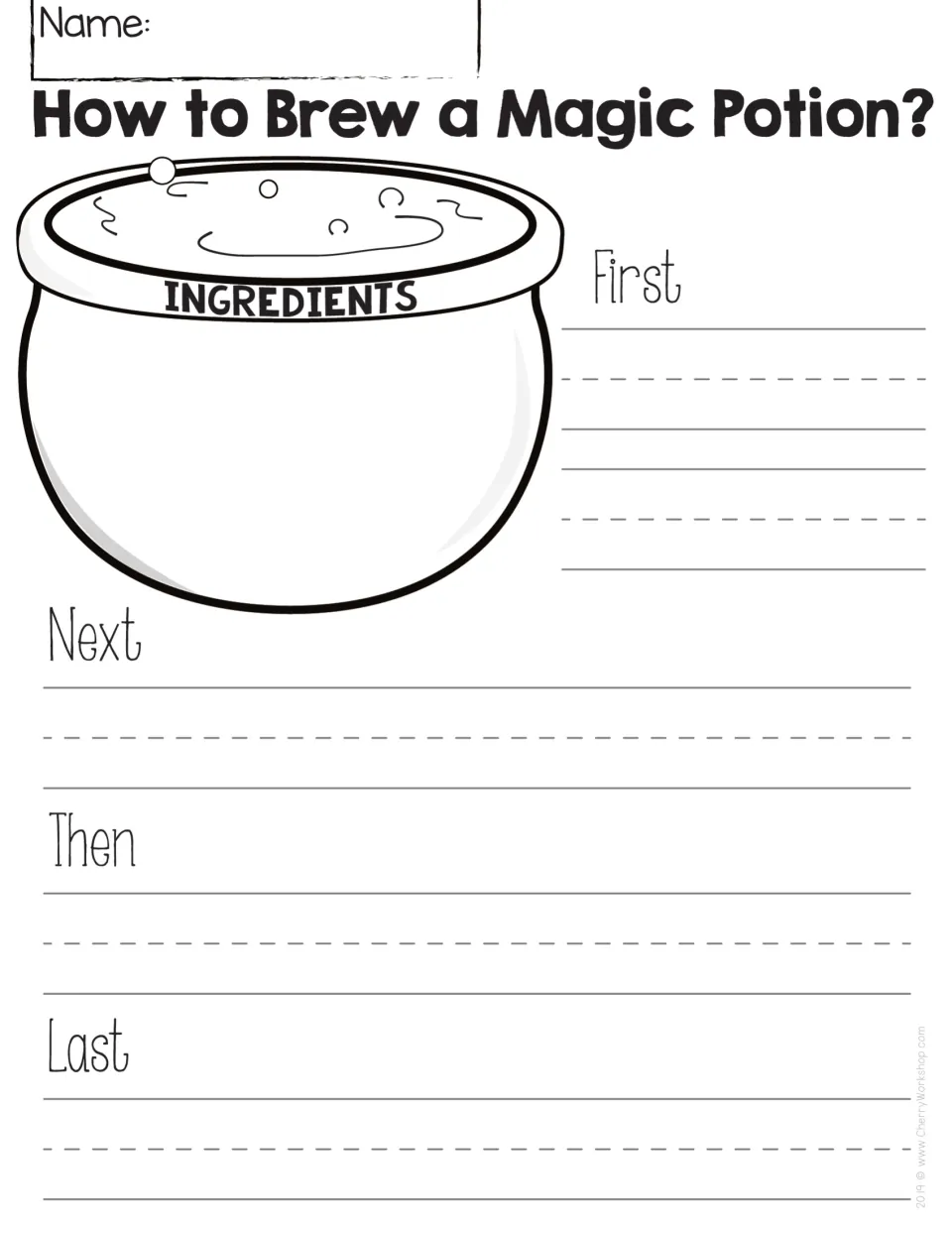 Magic potion procedural writing: students draw ingredients in a cauldron, then write steps under First, Next, Then, Last