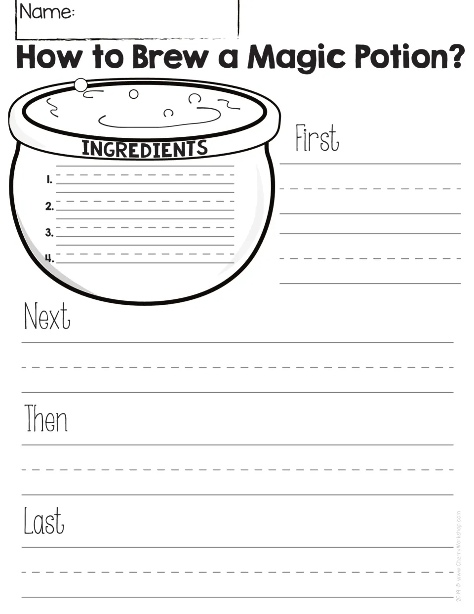 Potion how-to: students list 4 numbered ingredients inside a cauldron and write the steps using First, Next, Then and Last