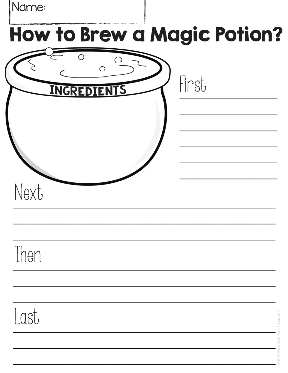 Potion sequencing: students sketch what goes in a cauldron, then explain how to brew it under First, Next, Then, Last