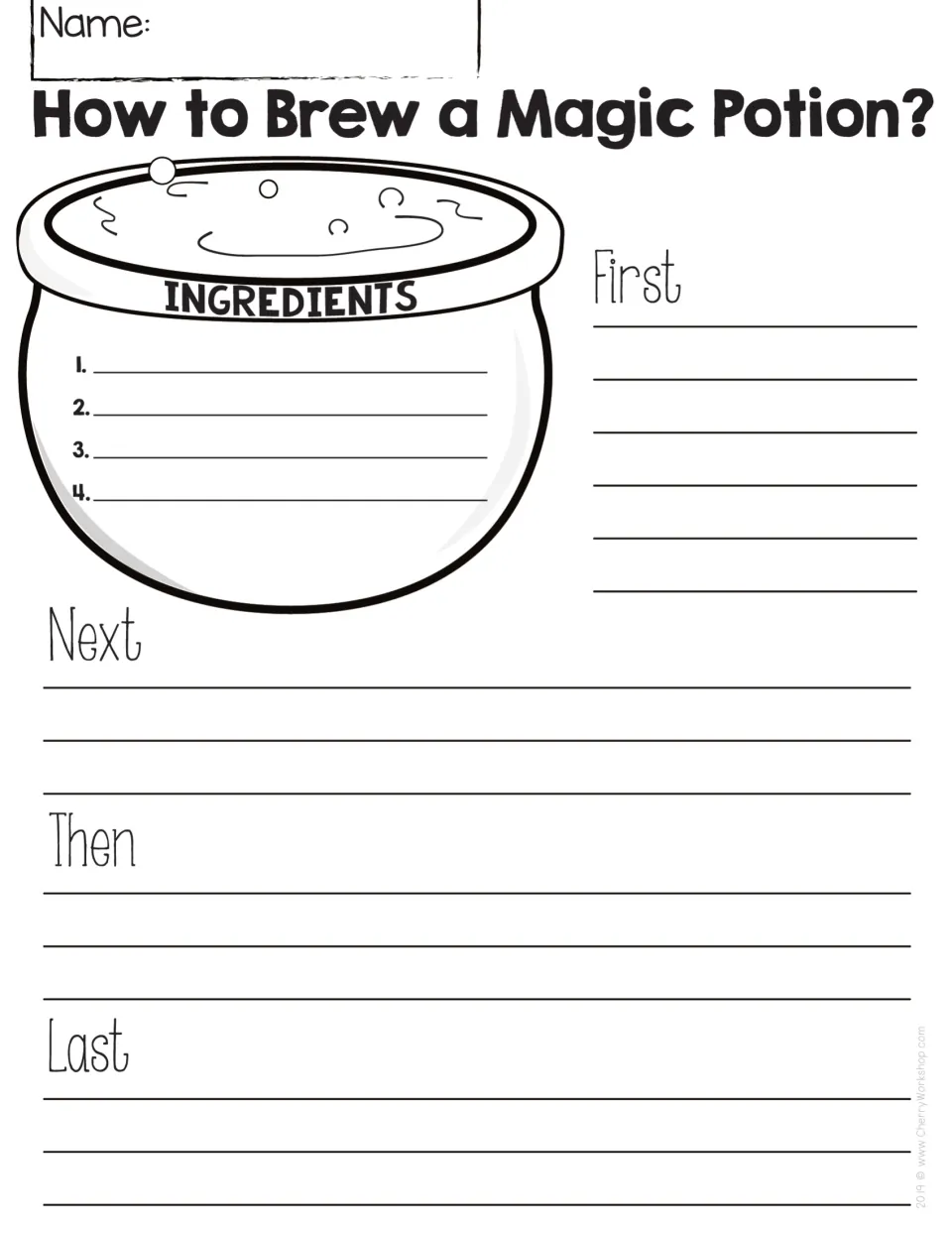 Potion recipe: students list 4 ingredients in the cauldron, then order the brewing steps with First, Next, Then, Last