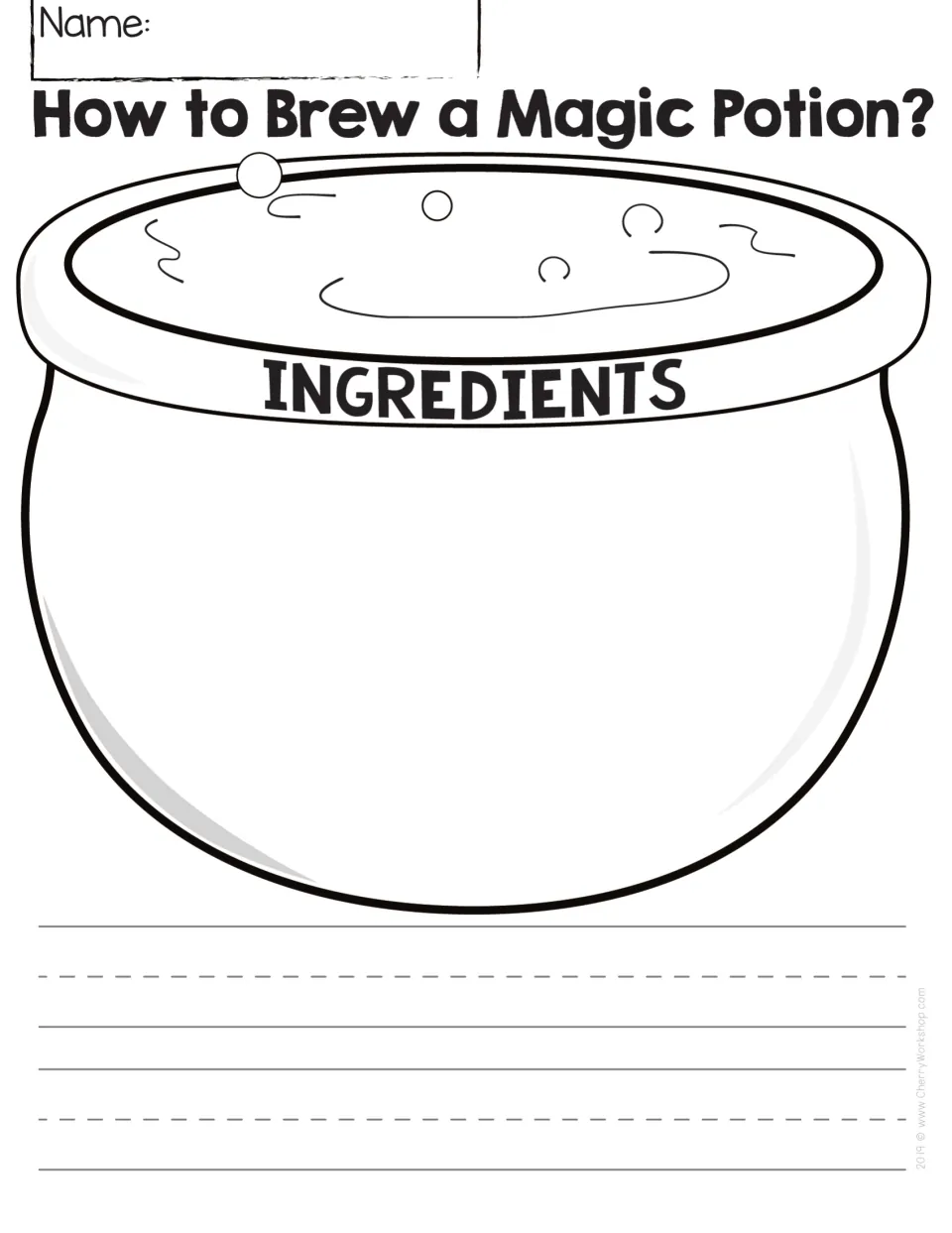 Magic potion ingredients: students draw what goes into a large cauldron and write about their potion on the lines below it