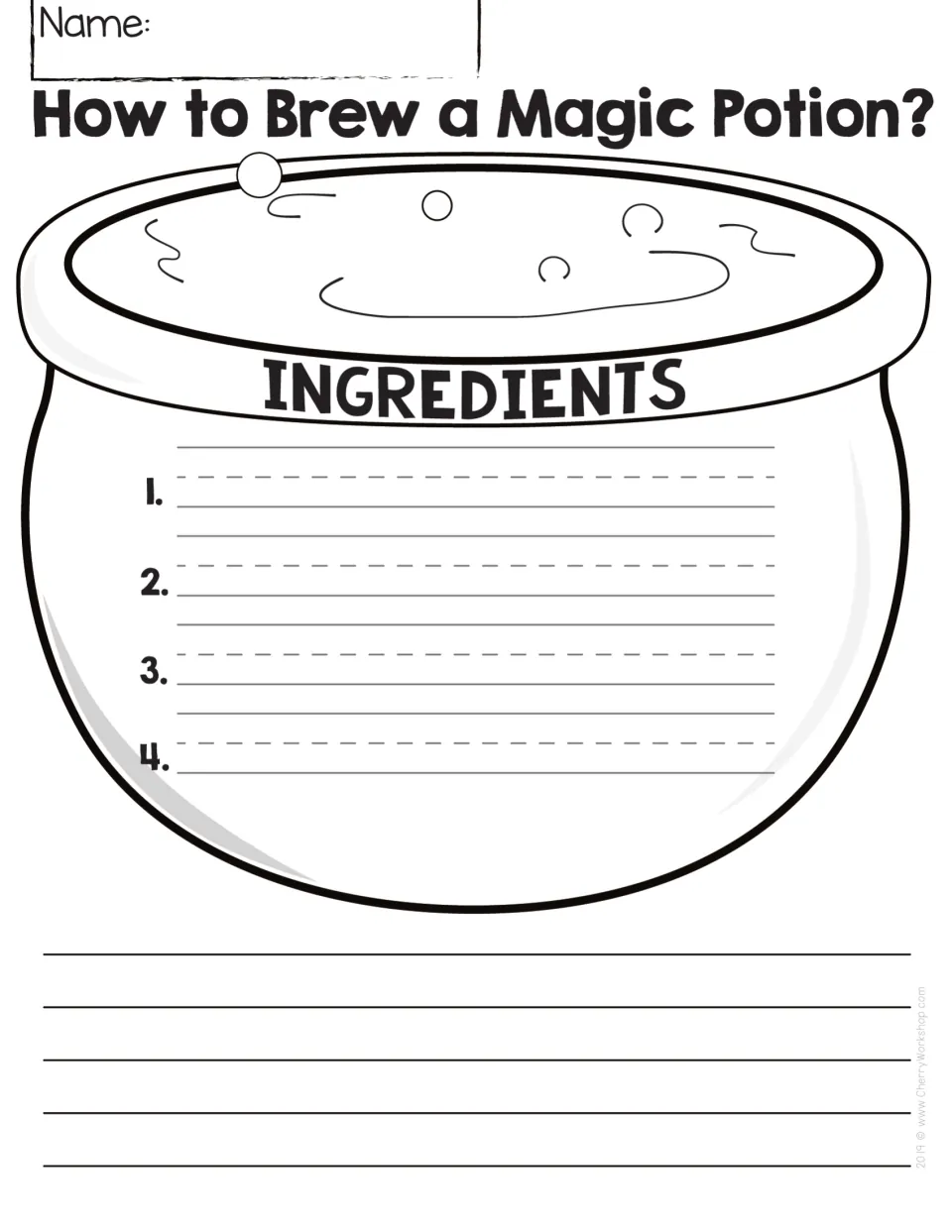 Potion ingredient list: students write 4 ingredients inside a large cauldron, then describe how to brew the potion below