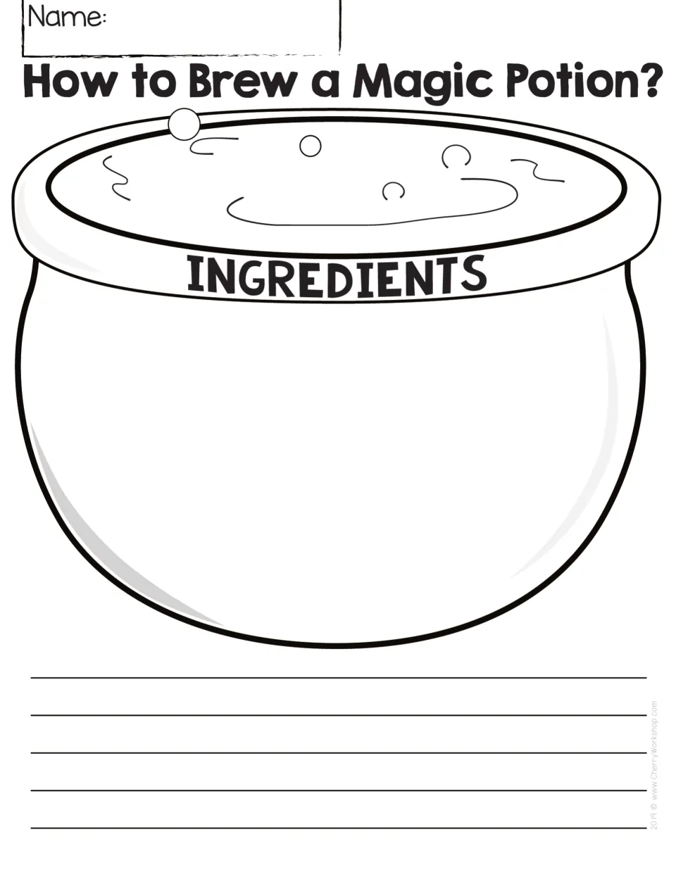 Cauldron drawing and writing: students illustrate potion ingredients in a big cauldron and describe the brew underneath