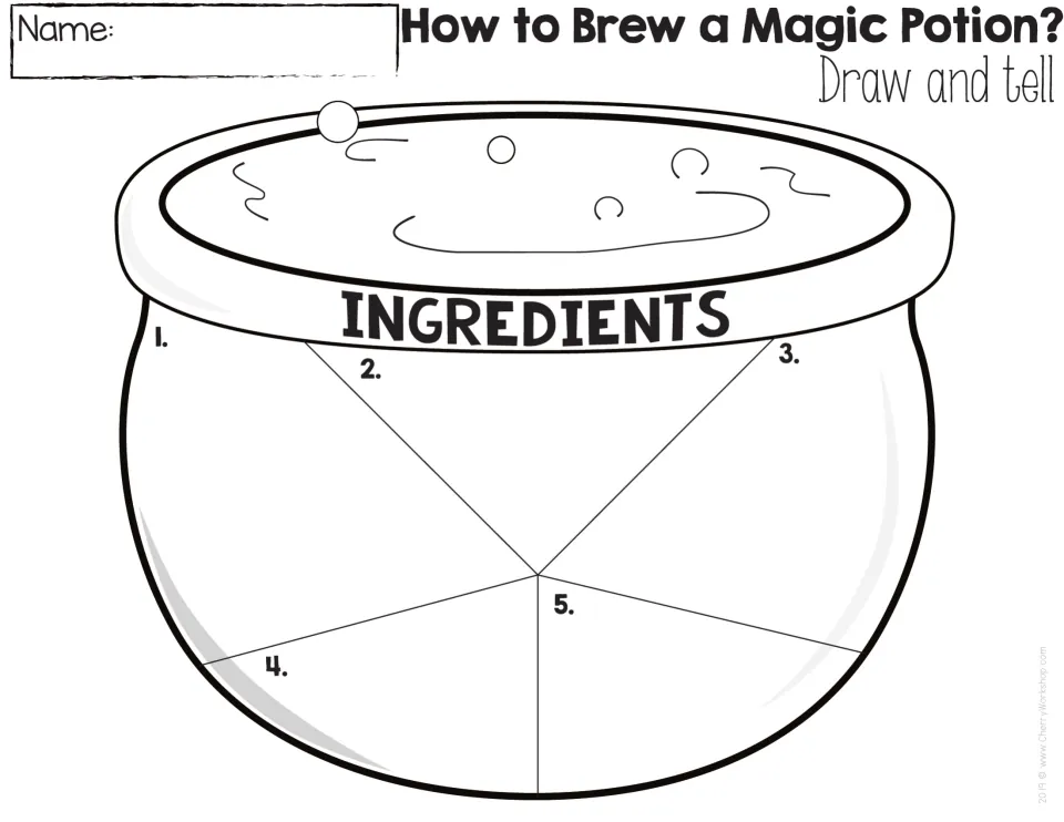 Draw and tell: students sketch 5 potion ingredients, one in each numbered section of a cauldron divided into five parts