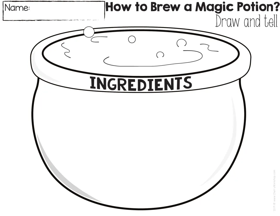 Draw and tell potion page: students draw their own ingredients in an open cauldron, then tell how the potion is made