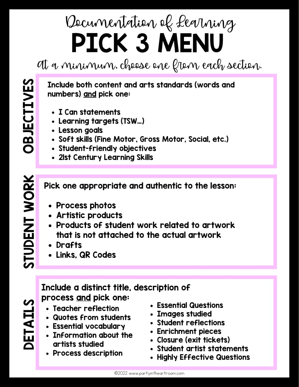 Pick 3 menu: choose one item each from Objectives, Student Work and Details, such as I Can statements or process photos