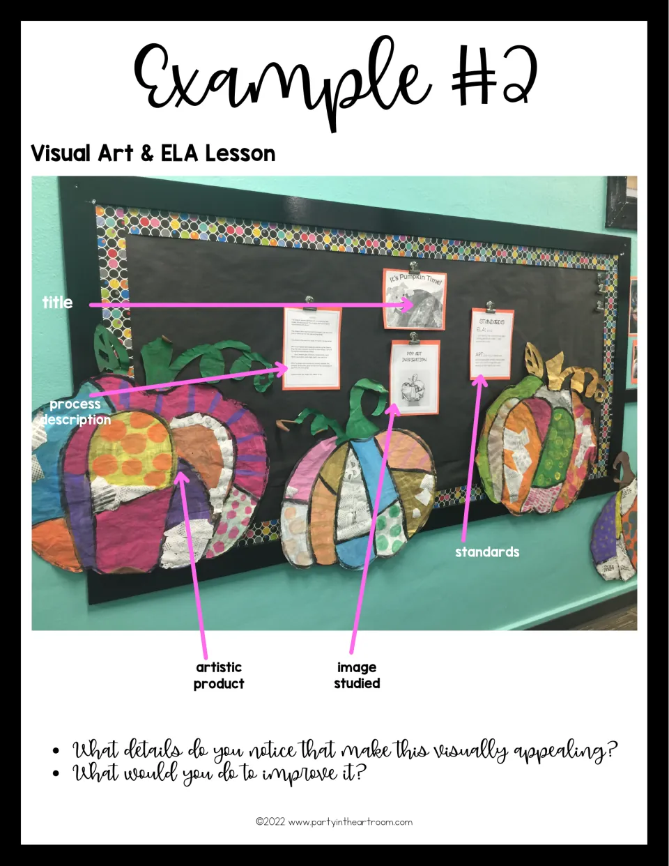 Example 2, visual art and ELA lesson: pumpkin collage board labeled title, process, standards, product and image studied