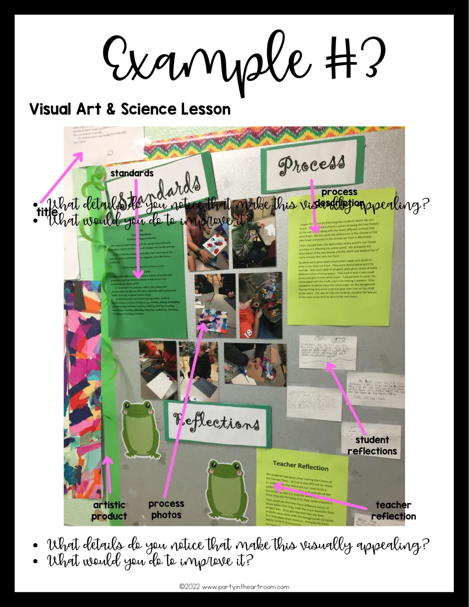 Example 3, visual art and science lesson: rain forest tissue-paper board labeled standards, process photos and reflections