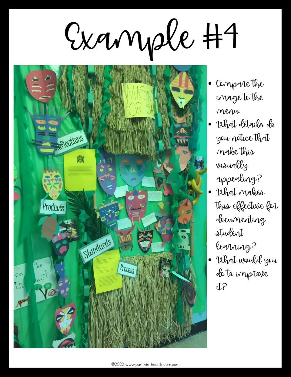 Example 4: hallway door of paper masks with Reflections and Process signs, plus questions comparing it to the menu