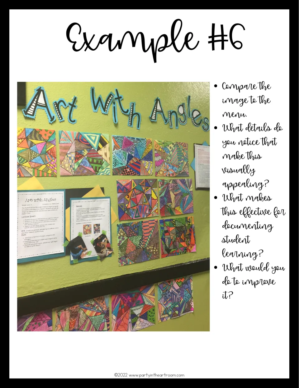 Example 6: Art With Angles wall of geometric student drawings beside a lesson goals sheet and photos, plus review questions