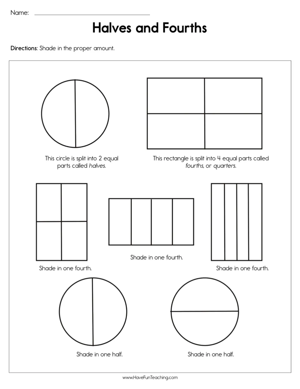 Equal parts practice: students shade one fourth of three rectangles and one half of two circles after a model of each