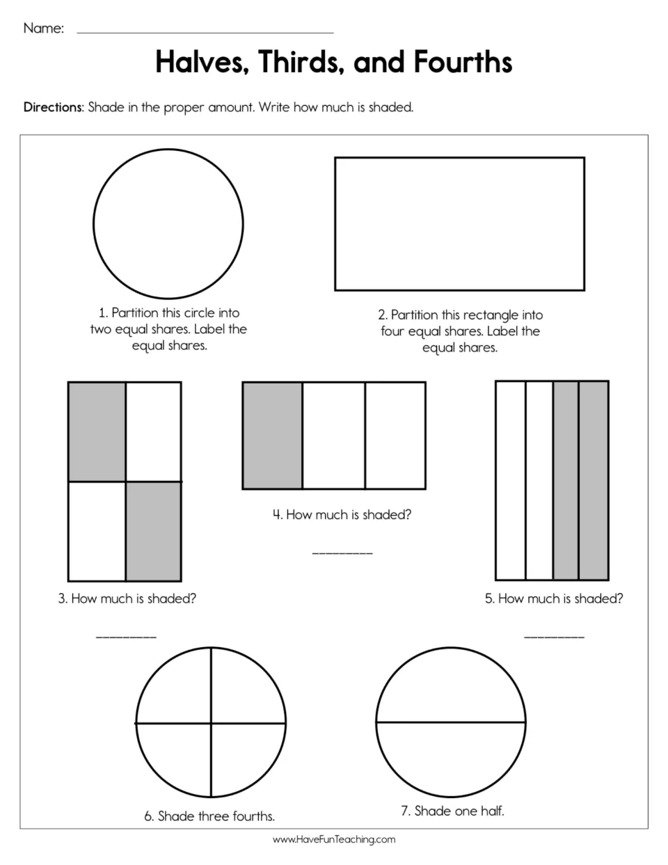 Fraction practice: seven items on partitioning shapes, labeling equal shares, and shading halves and fourths