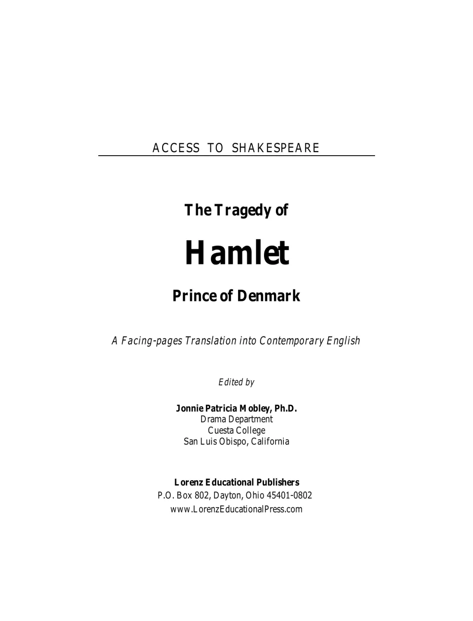 Title page: Access to Shakespeare series, editor Jonnie Patricia Mobley, Lorenz Educational Publishers