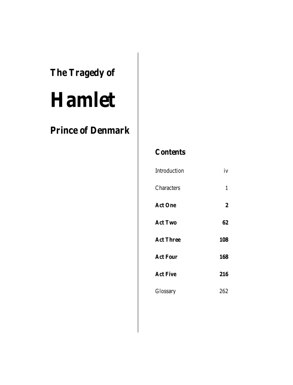 Contents listing the introduction, characters, Acts One–Five from page 2 to 216 and the glossary on page 262