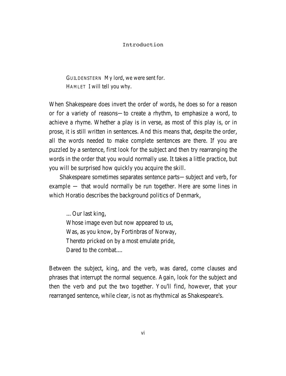 Introduction, page vi: inverted and separated sentence parts, shown with Horatio's lines about 'Our last king'