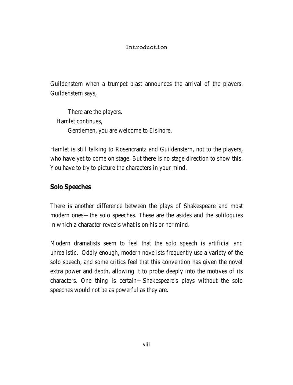 Introduction, page viii: end of Stage Directions and the Solo Speeches section on asides and soliloquies
