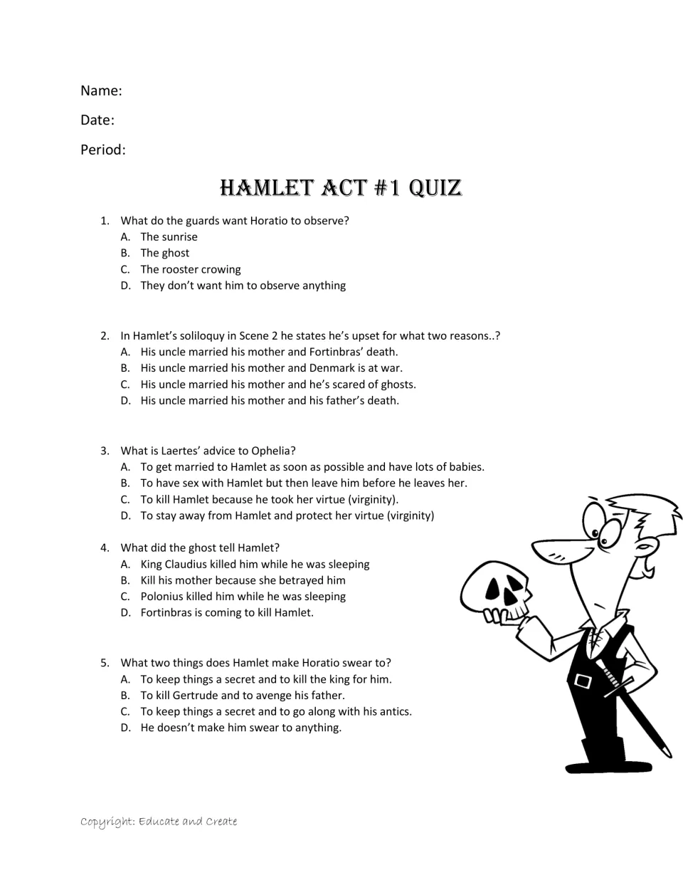 Hamlet Act 1 multiple choice: students answer 5 questions on the ghost, Laertes' advice to Ophelia and Horatio's oath