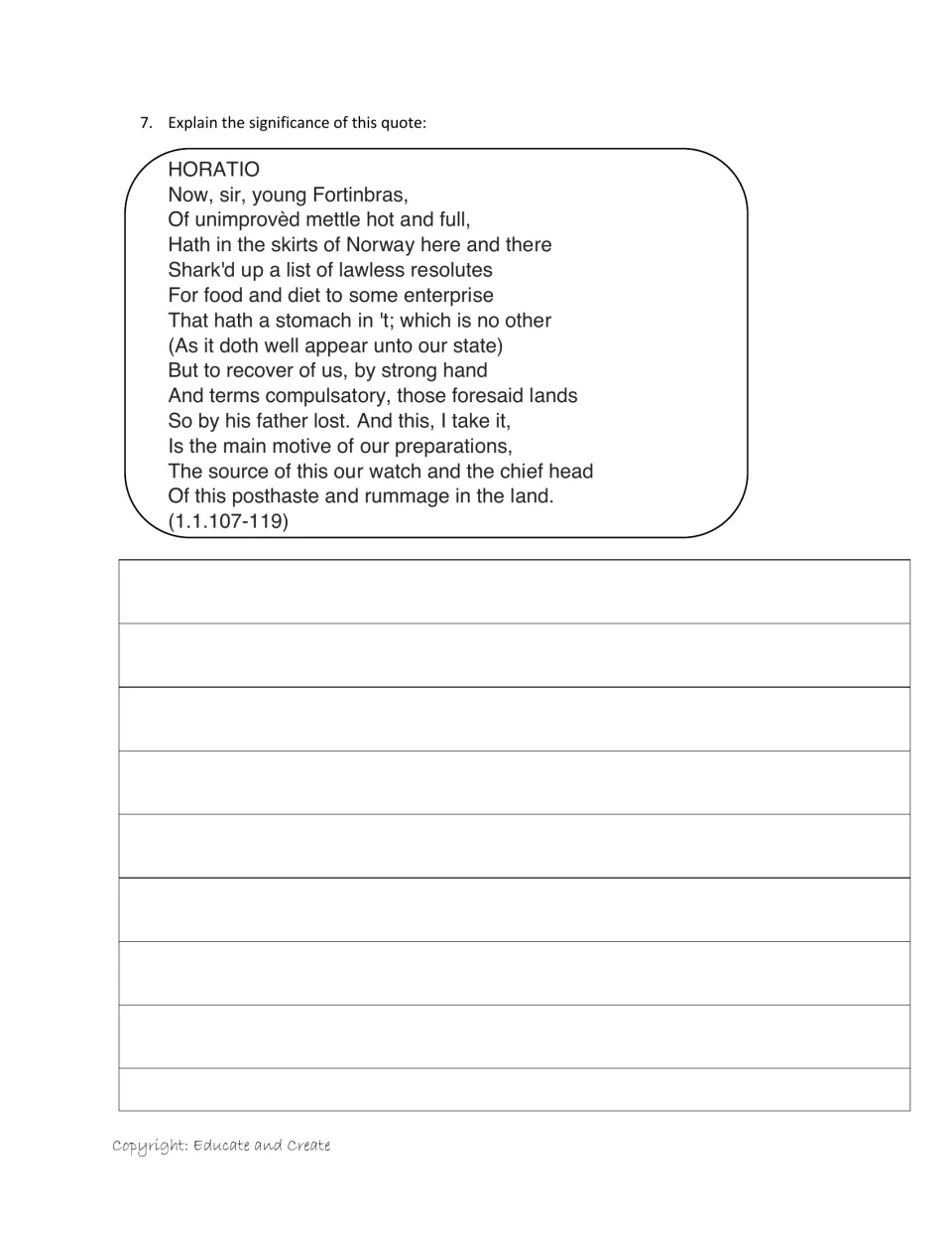 Quote analysis: students explain the significance of Horatio's speech on young Fortinbras and Norway, lines 1.1.107-119