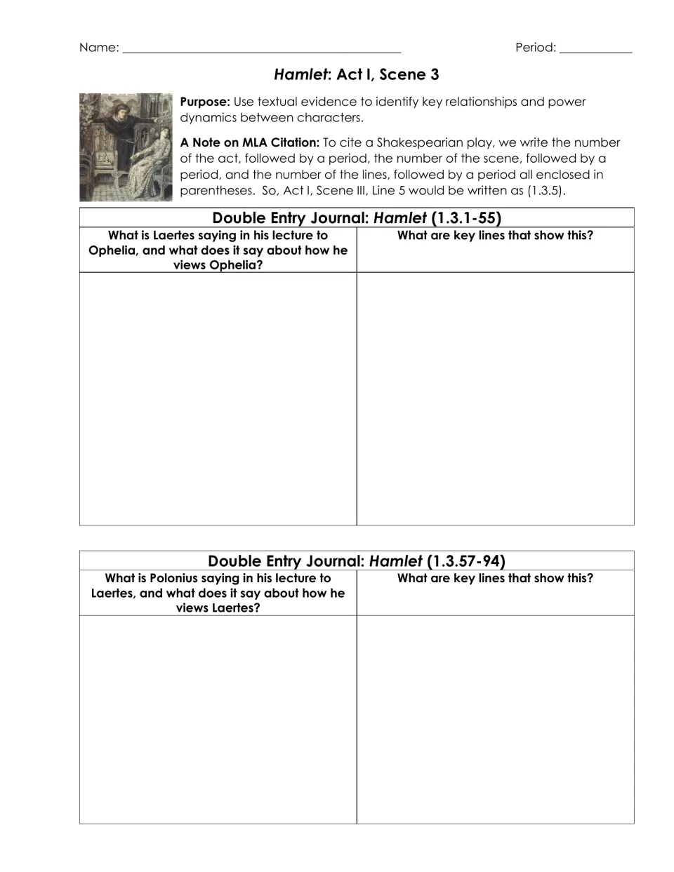 Hamlet 1.3 journal: students analyze Laertes' and Polonius' lectures, citing key lines with MLA act.scene.line form