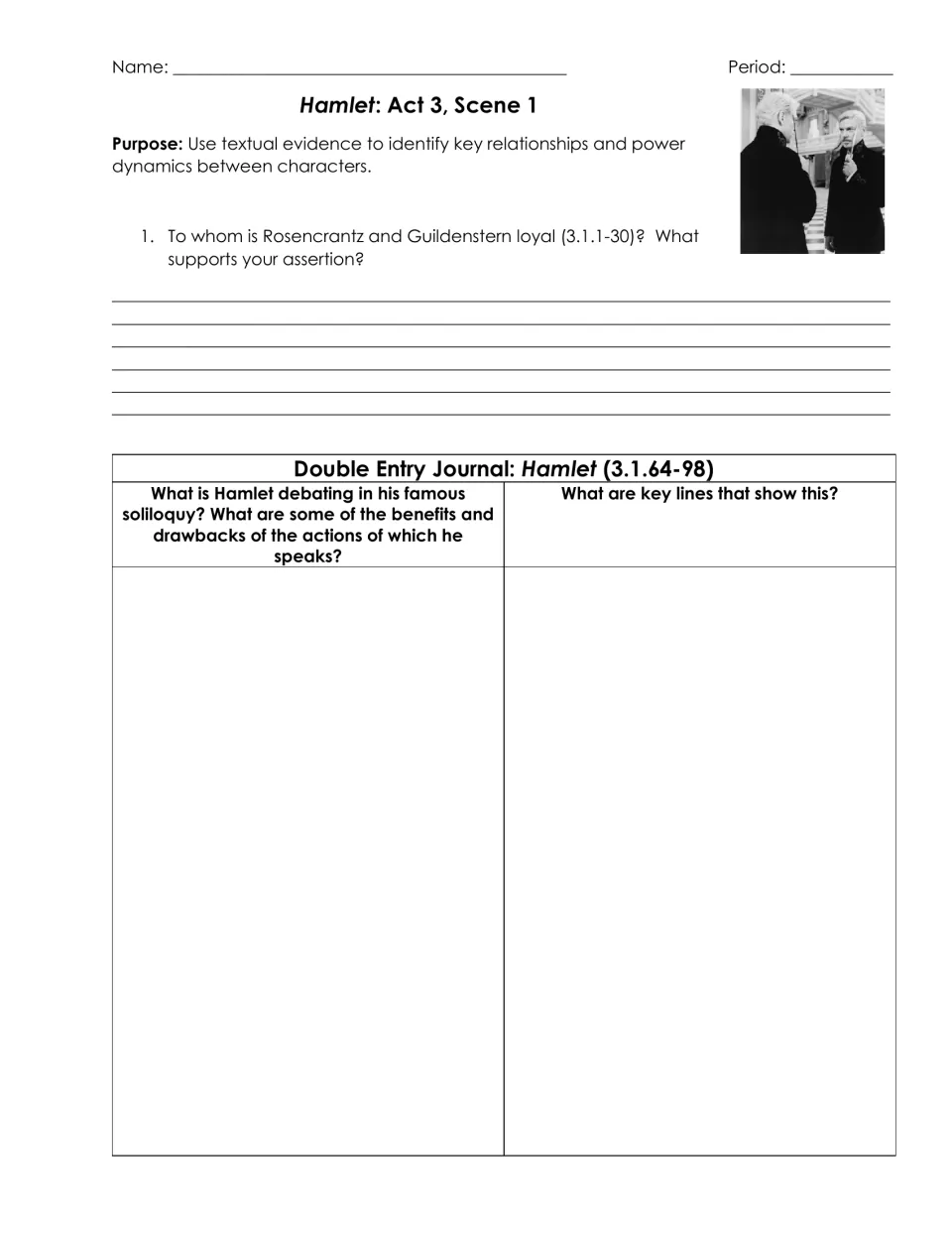 Hamlet 3.1: students cite evidence on Rosencrantz and Guildenstern's loyalty, then journal on the soliloquy's debate