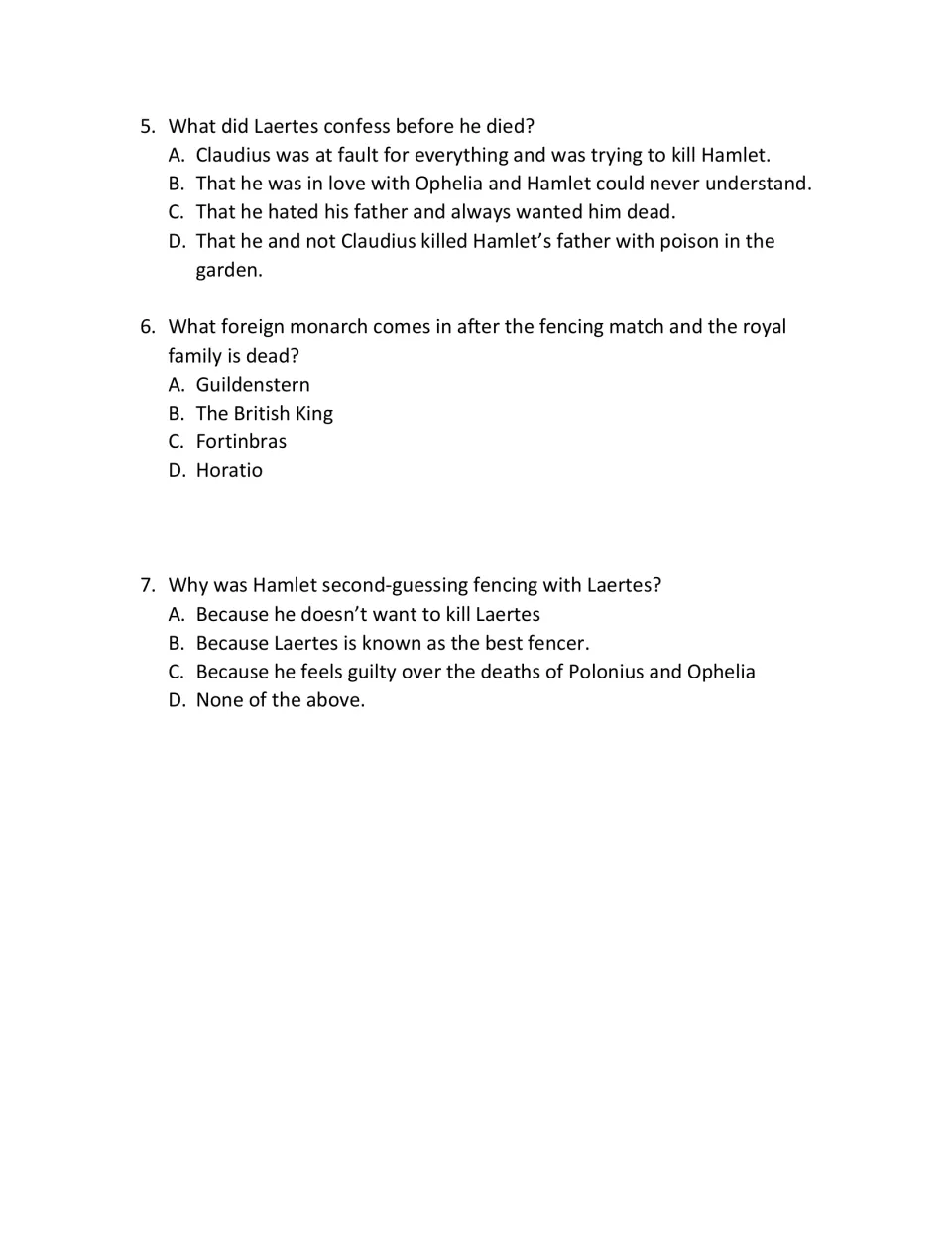 Act V recall continued: students answer multiple-choice questions 5-7 on Laertes' confession, Fortinbras and the duel