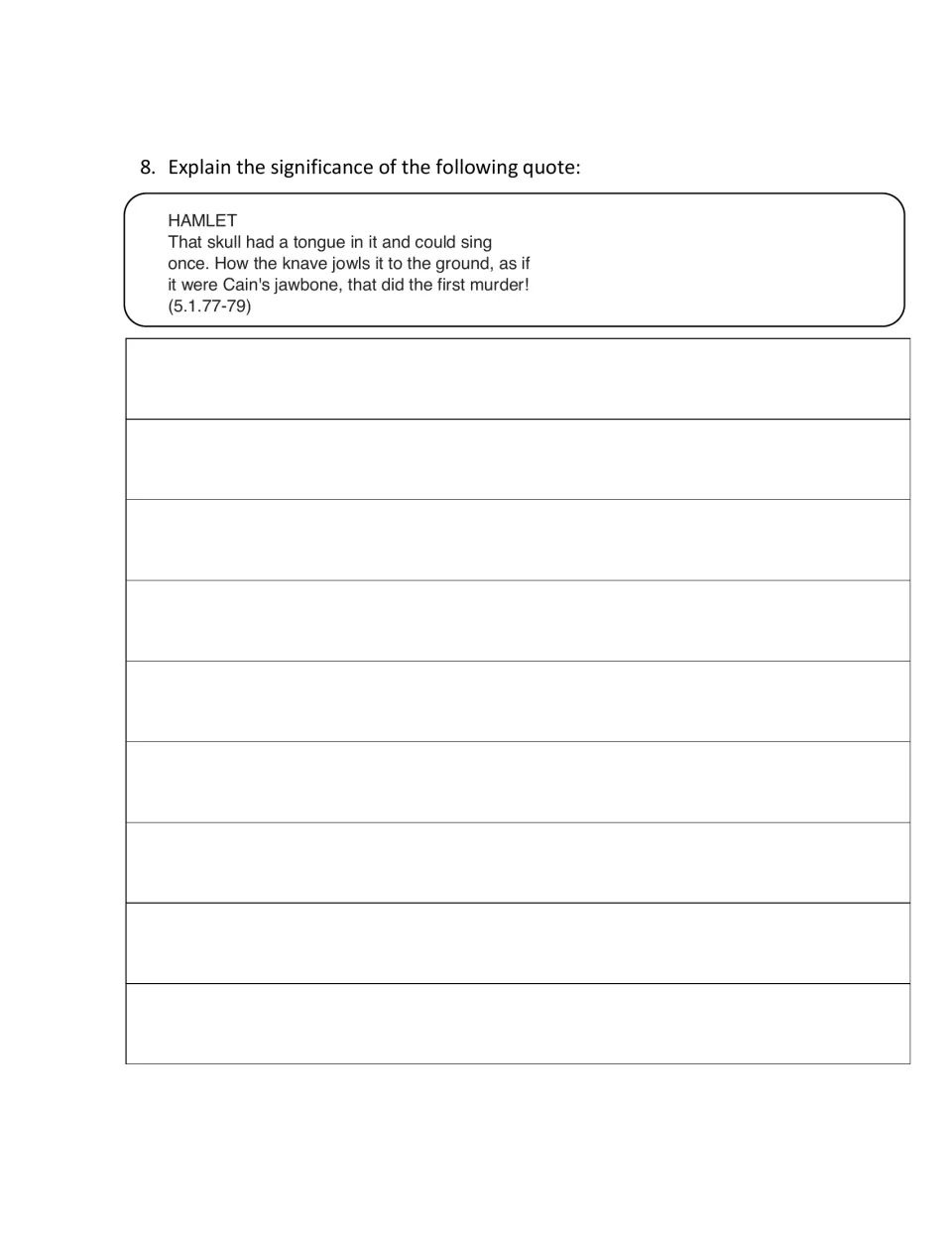 Quote analysis: students explain the significance of Hamlet's graveyard lines on the skull and Cain's jawbone (5.1.77-79)
