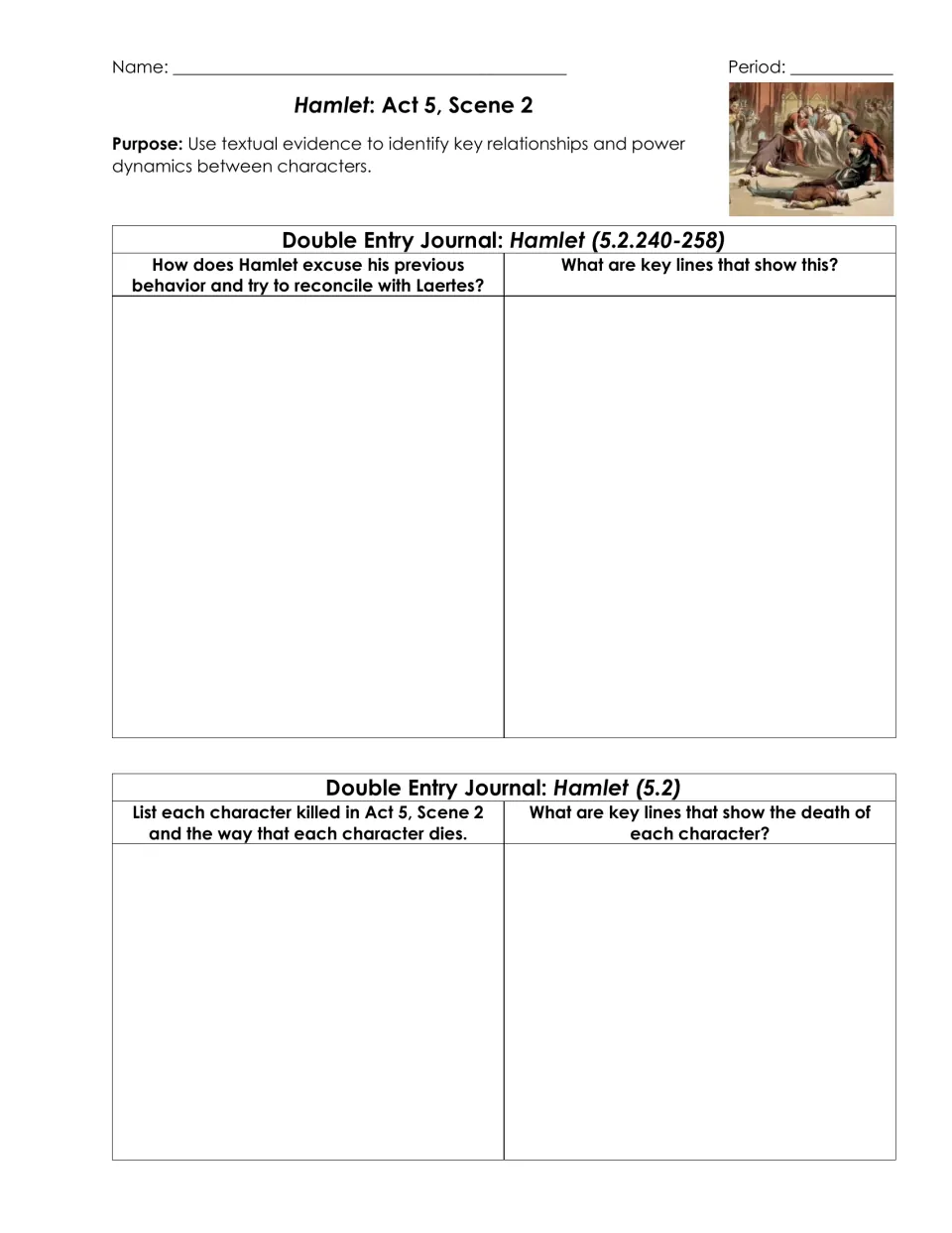 Hamlet 5.2 journals: students cite lines on how Hamlet reconciles with Laertes and list each character killed and how