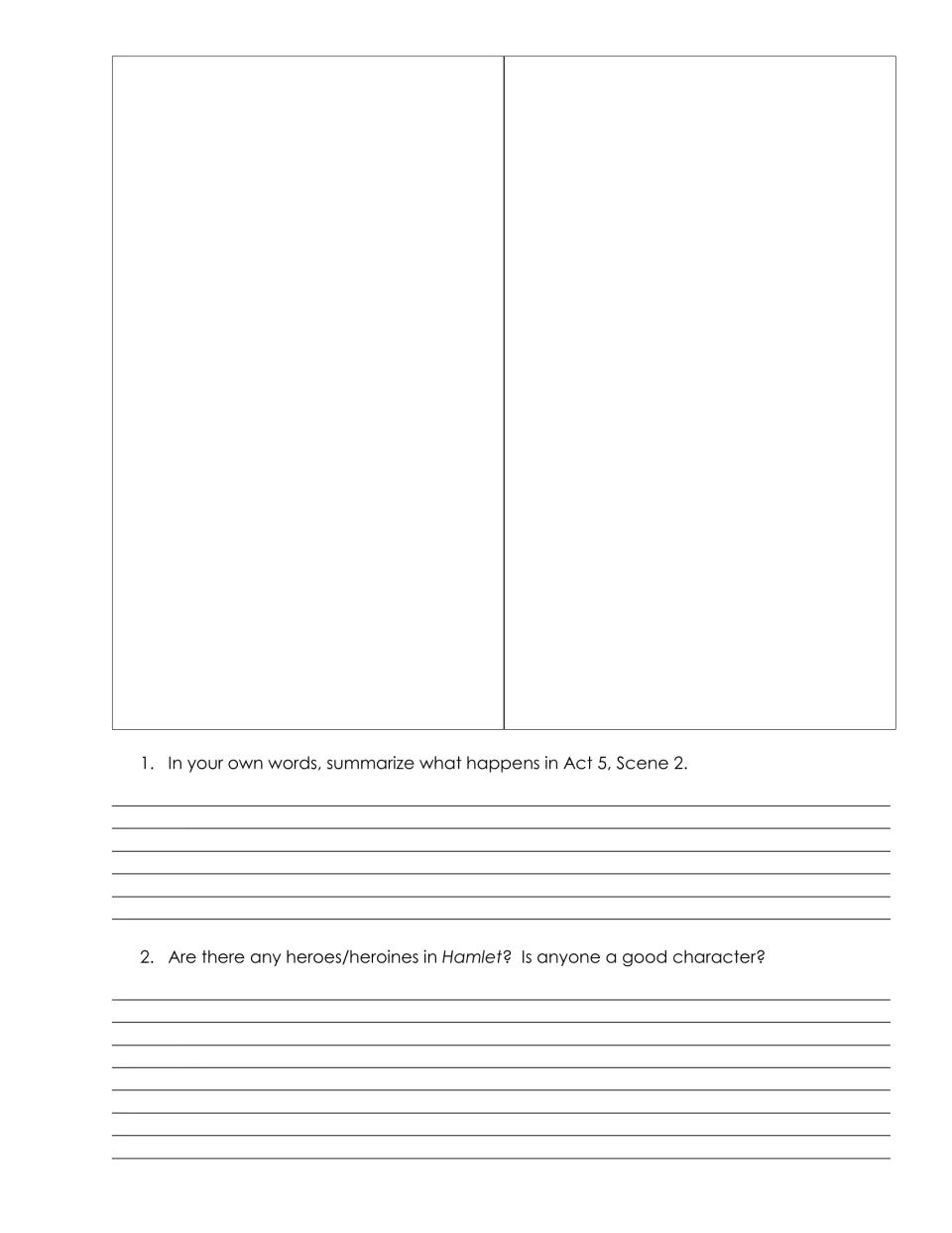 Act 5, Scene 2 reflection: students write a summary of the scene and argue whether anyone in Hamlet is a hero or good