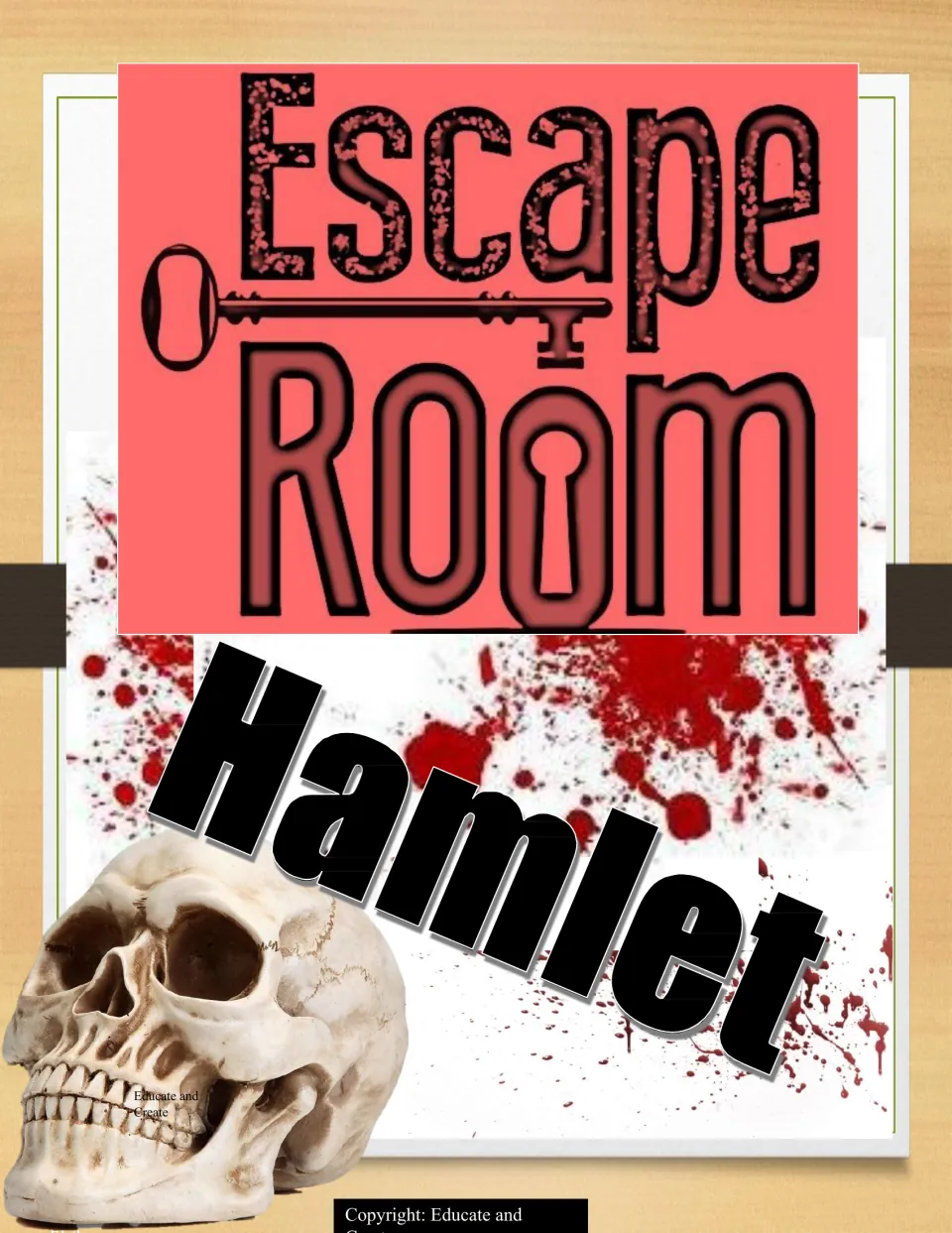 Cover for an escape room on Shakespeare's Hamlet, showing a skull, a key and red splatter under the Escape Room heading