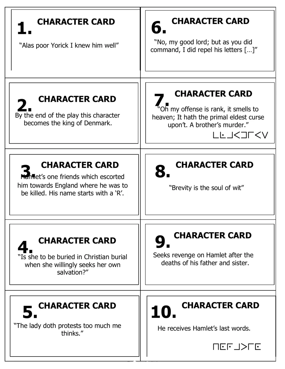Character cards: 10 Hamlet quotes and clues for students to name each speaker or character; two carry cipher symbols