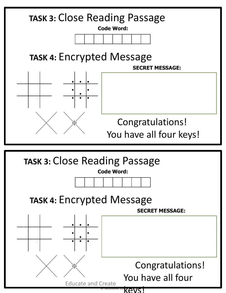 Answer sheet for Tasks 3 and 4: code word spaces, blank pigpen grids and a secret message area; two copies