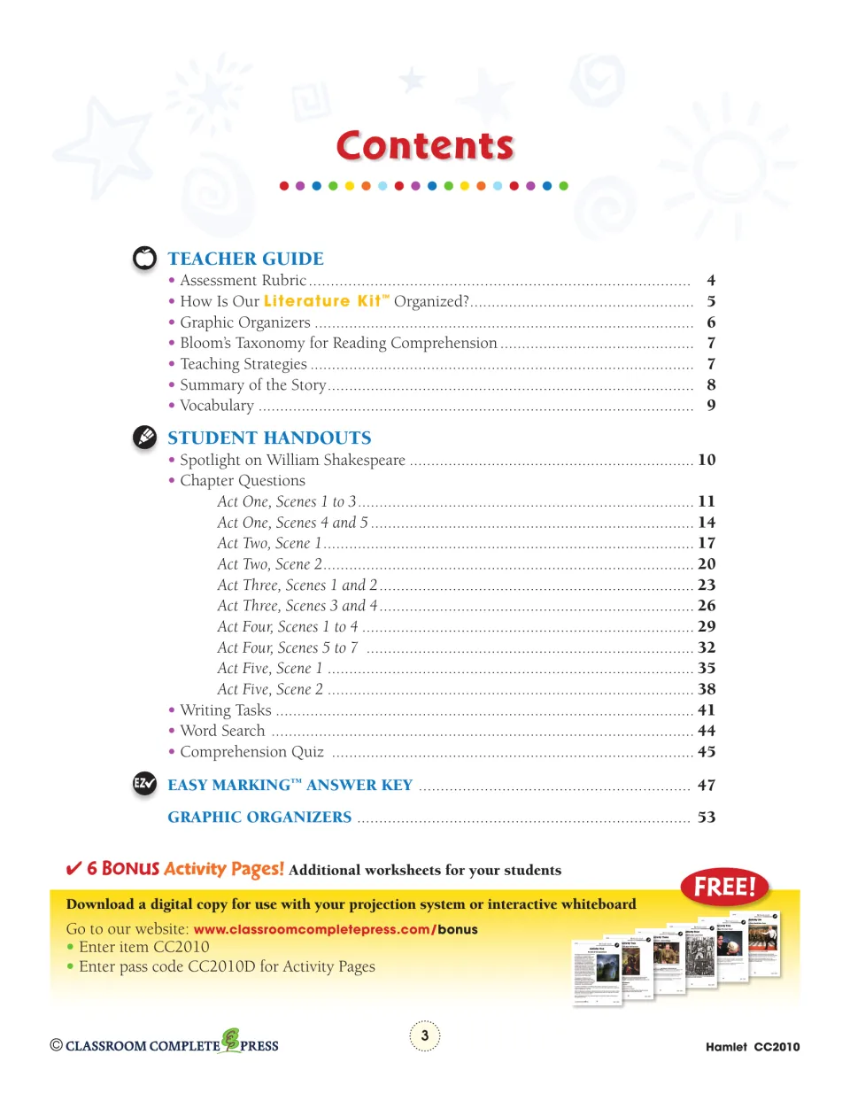 Contents lists teacher guidance, act-and-scene questions, writing tasks, a quiz, answers, and organizers.