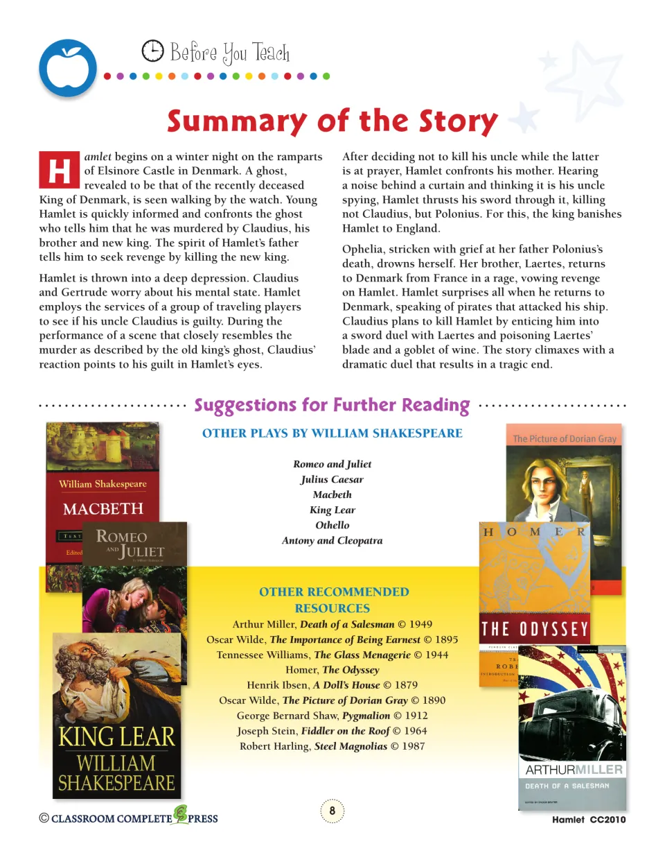 Teacher story summary follows Hamlet from his father’s ghost to the fatal duel, followed by further reading.