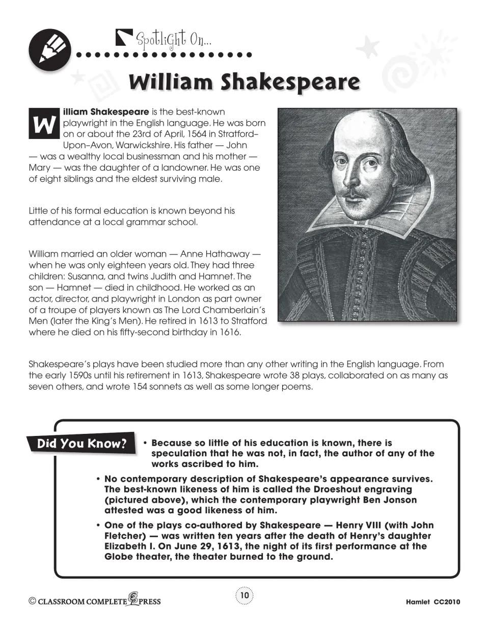 William Shakespeare student reading covers his family, theater career, and works, with an engraved portrait.