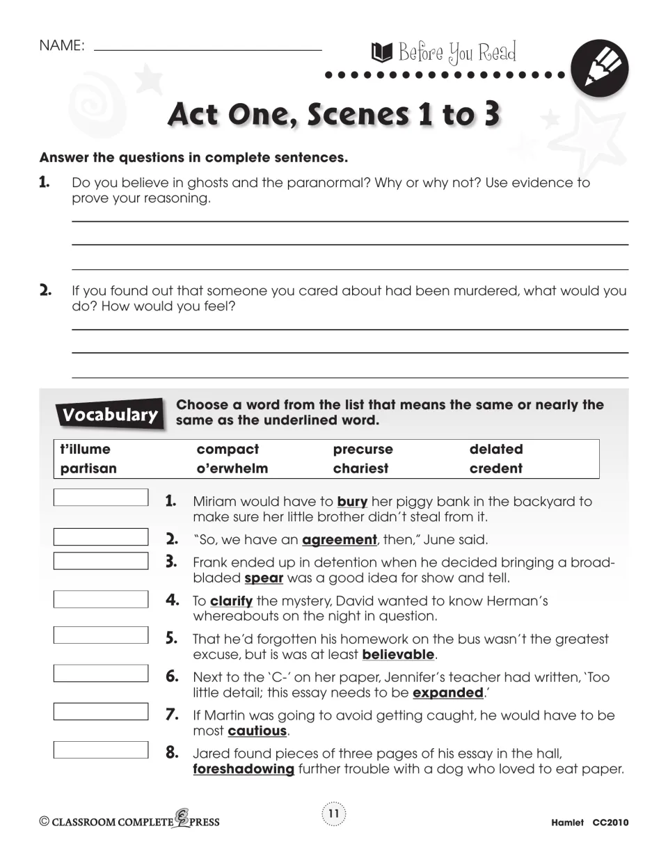 Act One, Scenes 1 to 3 prereading asks about ghosts and loss, then gives eight vocabulary synonym items.