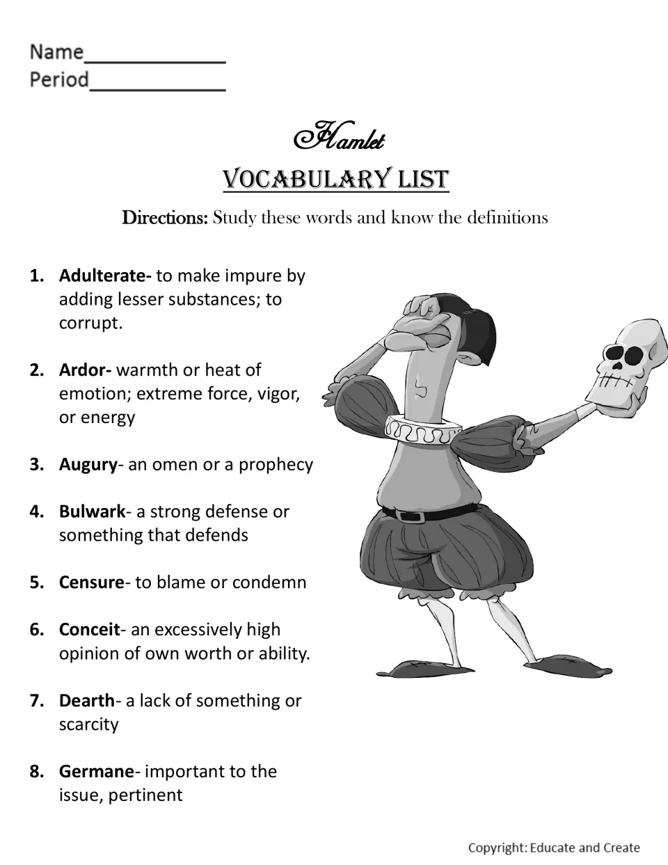 Hamlet vocabulary list, words 1-8: students study definitions of adulterate, ardor, augury, bulwark, censure and dearth