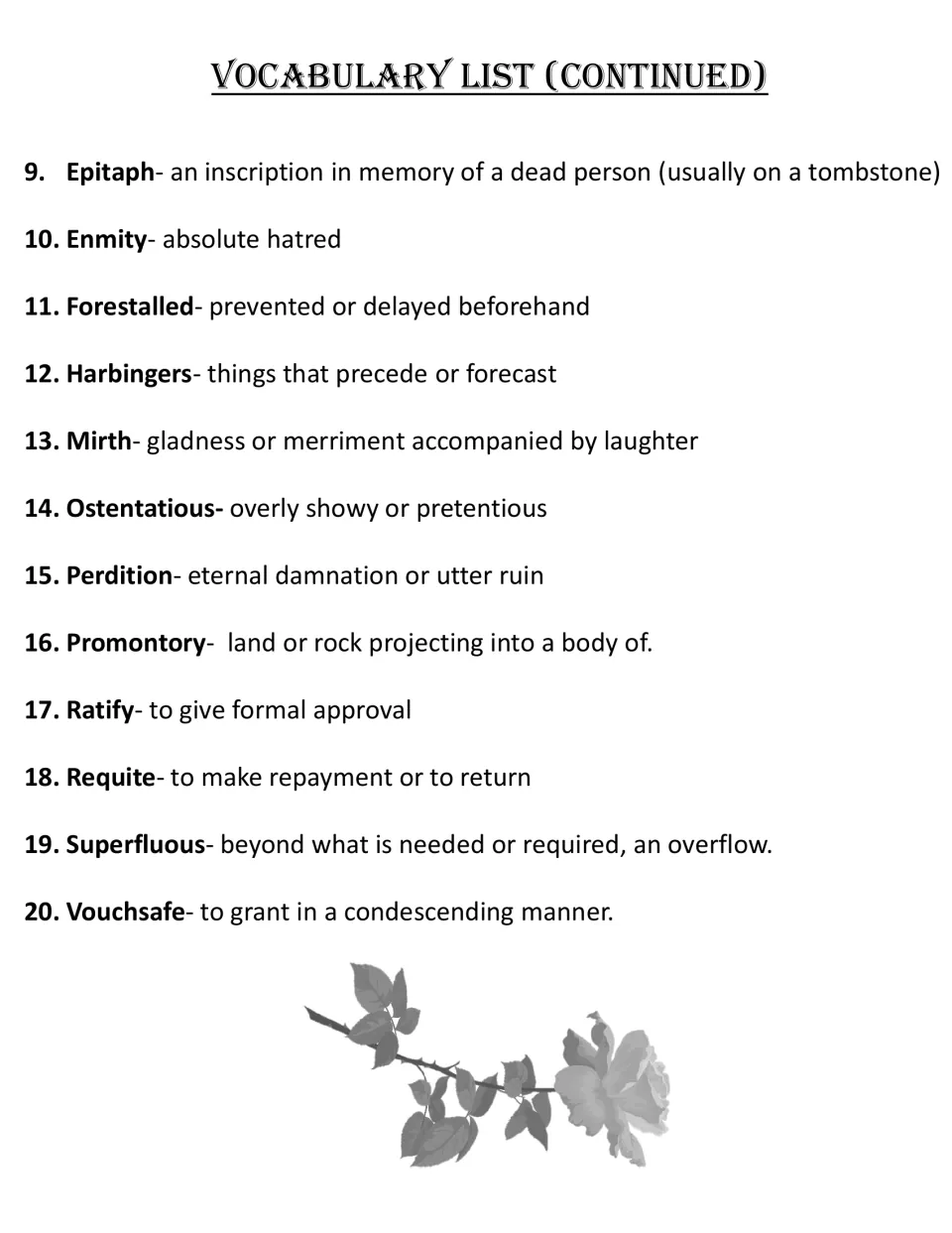 Vocabulary list continued, words 9-20: students review definitions of epitaph, enmity, harbingers, mirth and vouchsafe