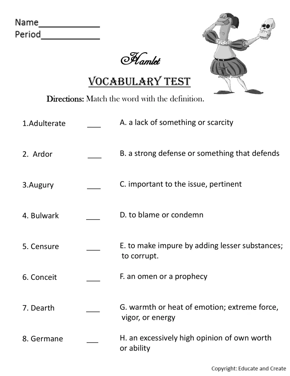 Hamlet vocabulary test, part 1: students match words 1-8 such as adulterate, augury and germane to definitions A-H