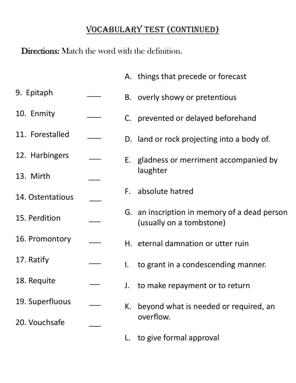 Vocabulary test continued: students match words 9-20, from epitaph to vouchsafe, with the 12 definitions lettered A-L
