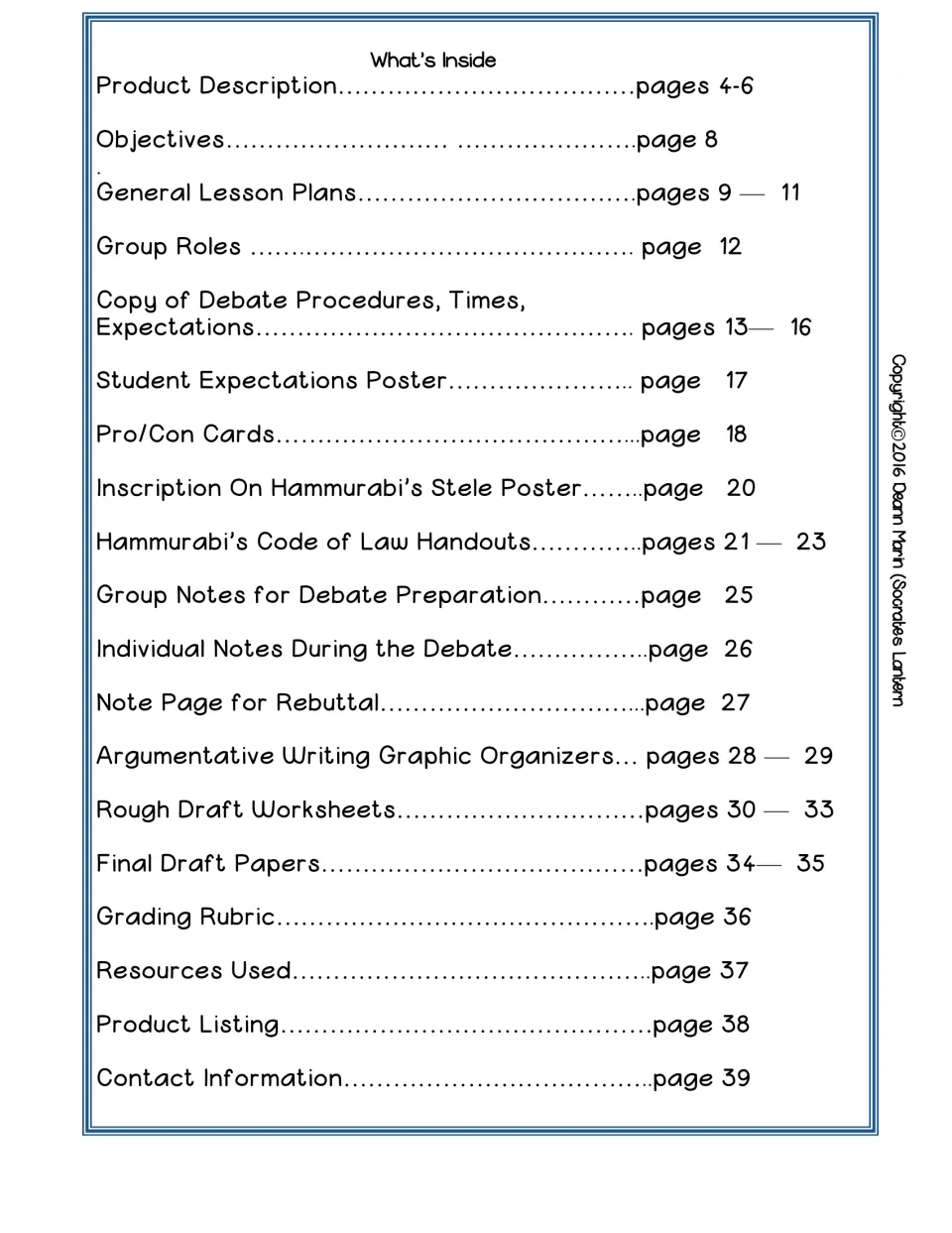 What's Inside contents list giving page numbers for objectives, lesson plans, debate procedures, law handouts and rubric