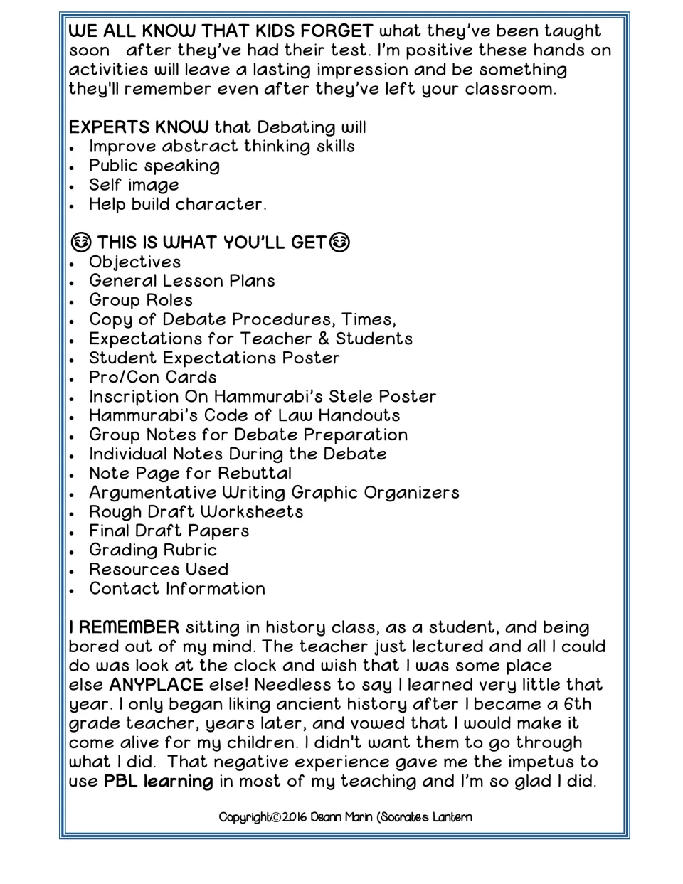Description continued: reasons for debating and a bulleted list of included parts, from objectives to the grading rubric