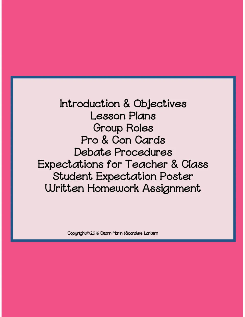 Section divider listing introduction and objectives, lesson plans, group roles, pro and con cards and debate procedures