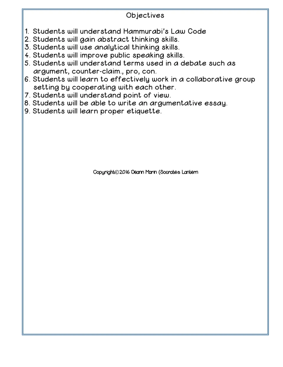 Objectives for the law code debate: nine goals including public speaking, point of view and argumentative essay writing