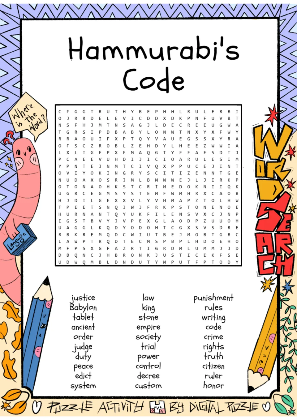 Hammurabi's Code word search: students find 30 hidden vocabulary words such as justice, Babylon, tablet, edict and decree